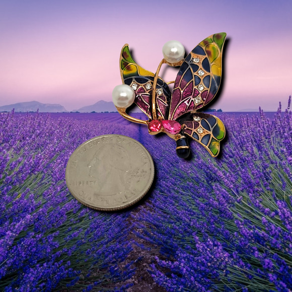 Gold Tone Round White Faux Pearl Multi Color Enamel Crystal Butterfly Brooch - Picture 3 of 4